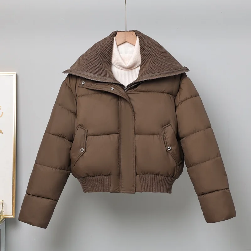 Fashion Knitted Splicing Lapel Collar Winter Coat 2025 Women's New Solid Color Thicken Short Parkas Jacket Lady Cotton Outerwear