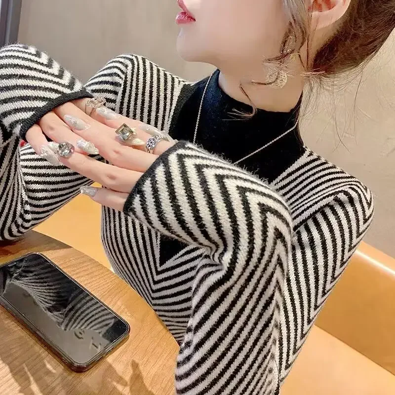 Autumn and Winter Women's Pullover Half High Neck Long Sleeve Stripe Contrast Color Thickened Fashion Casual Sweater Tops
