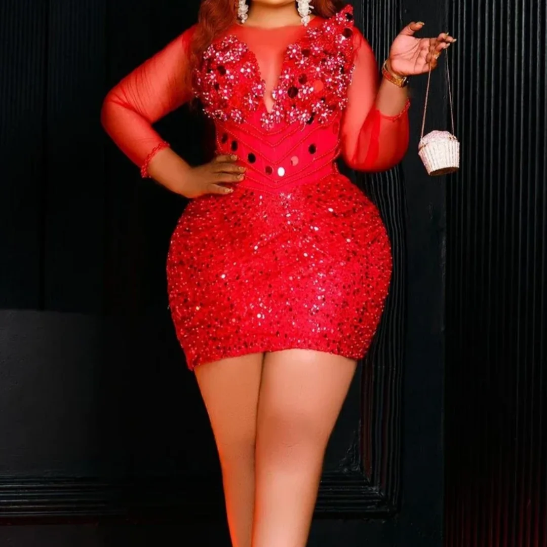 African Sparkly Sequined Mini Prom Dresses With Crystals Beaded Lace Birthday Party Dress Red Wedding Guest Gown Customized