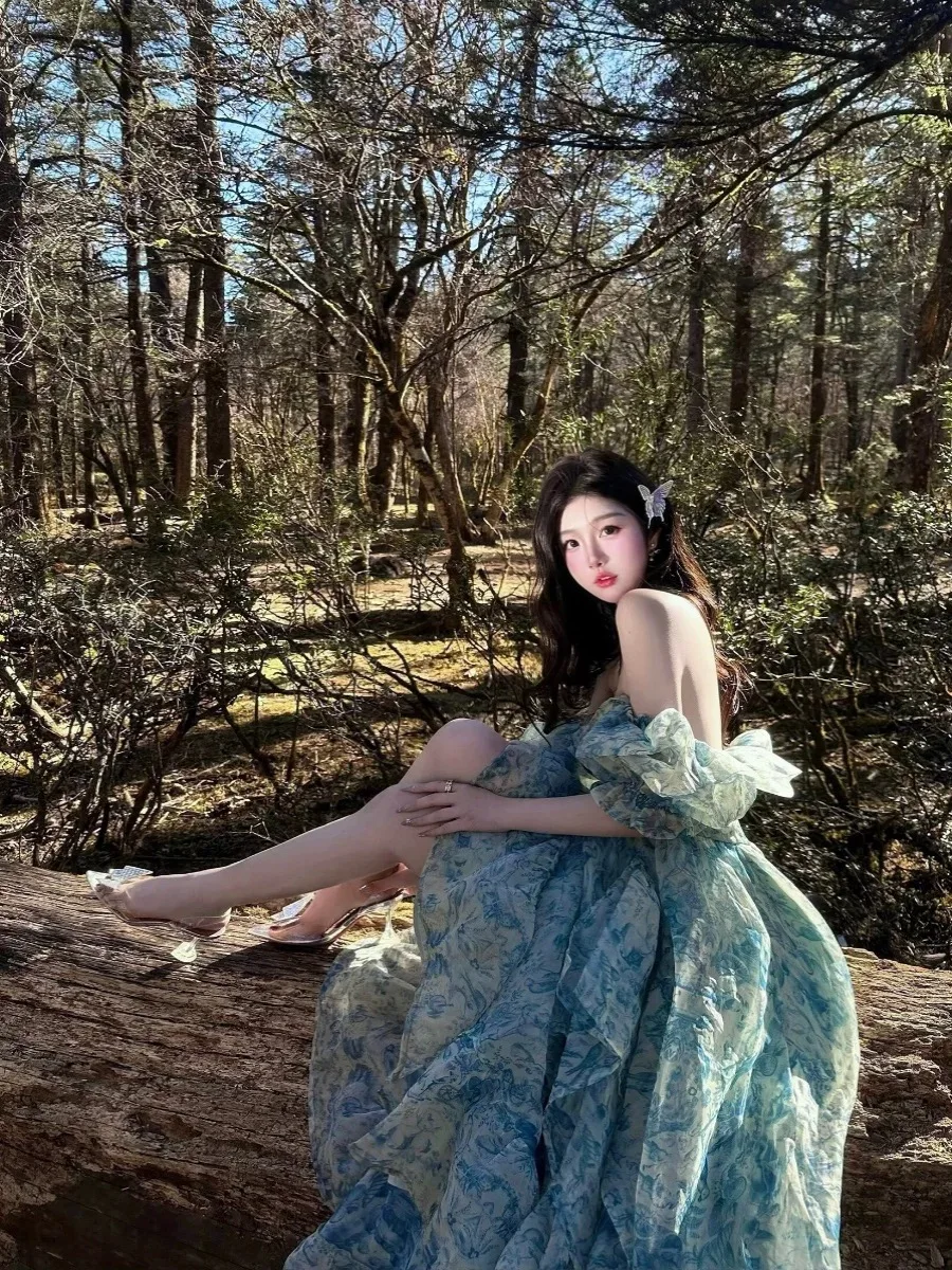 Vestido largo Retro de princesa Palacio para mujer, vestido largo con mangas abullonadas y cuello cuadrado con volantes y estampado de tinta azul, vestido de baile, vestido de fiesta de hadas para niña Mori