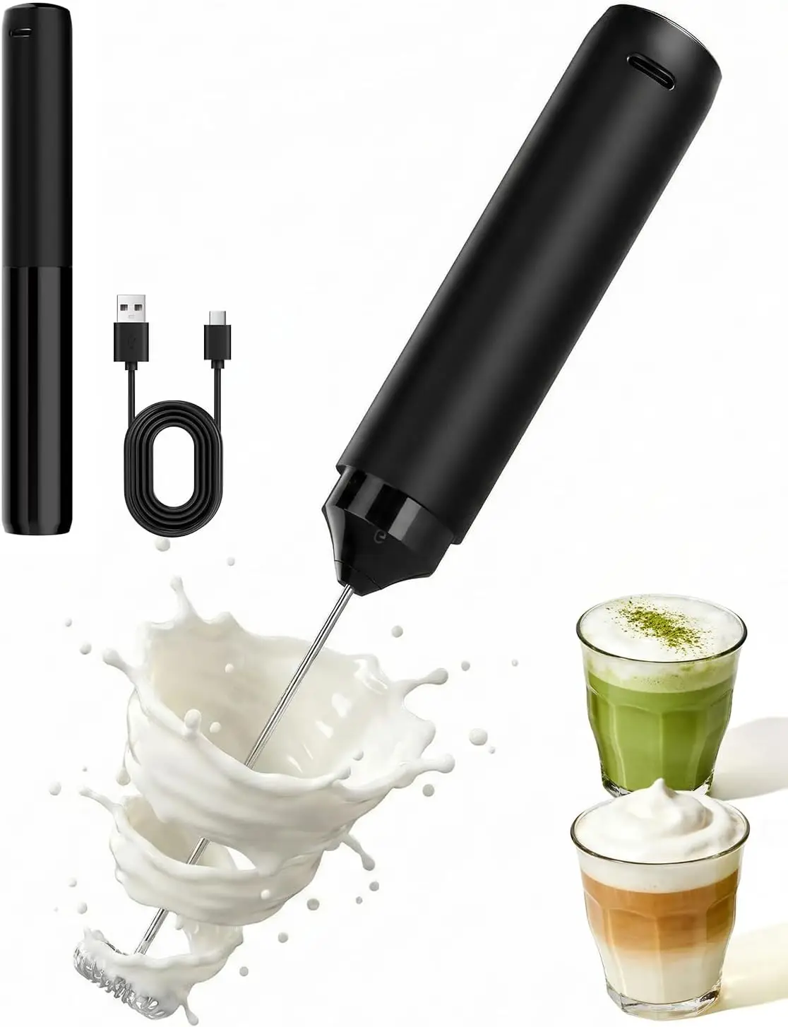 Rechargeable Milk Frother Handheld Electric Coffee Mixer with Stainless Steel Whisk and Portable Case for Cappuccino, La