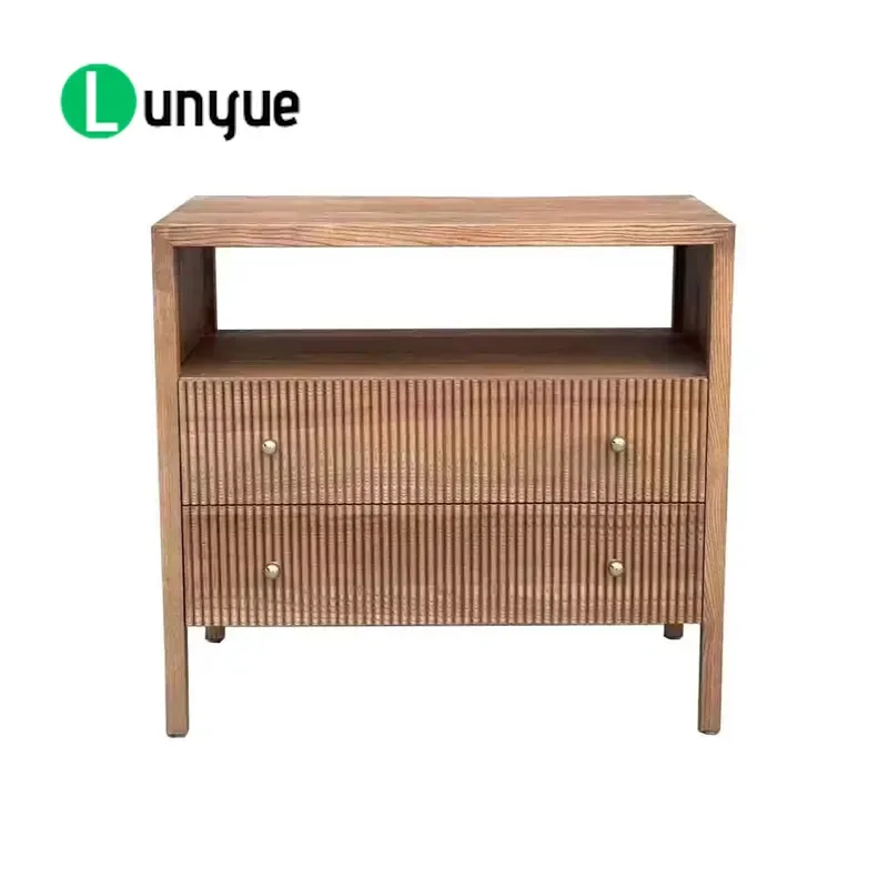 Contemporary Neoclassical Solid Wood Bedside Table 2 Drawer with Groove Open Shelf Bedroom Furniture Nightstand Storage