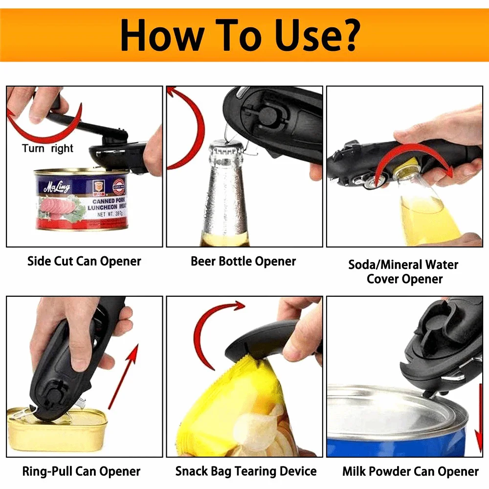 

High Quality Portable Can Opener Multifunctional Safety Design Tin Opener Heavy Duty 8 in 1 Jar Opener Kitchen Use Accessories