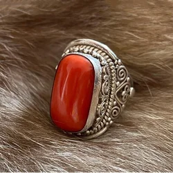 Three-dimensional design silver inlaid southern red tourmaline ethnic style oval men's ring adjustable rough jewelry