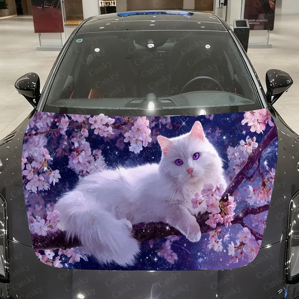 Flower Cluster & Purple-Eyed Cat Car Vinyl Wrap, PVC Waterproof Car Hood Sticker, Self-Adhesive Scratch-Resistant Stickers