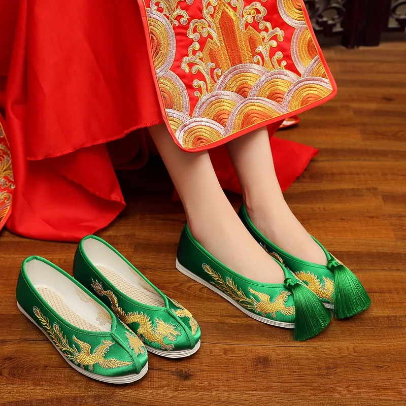 2026 Women's Green Chinese Style Embroidery Tassel Flats Traditional Wedding Cheongsam Matching Shoes Q-451