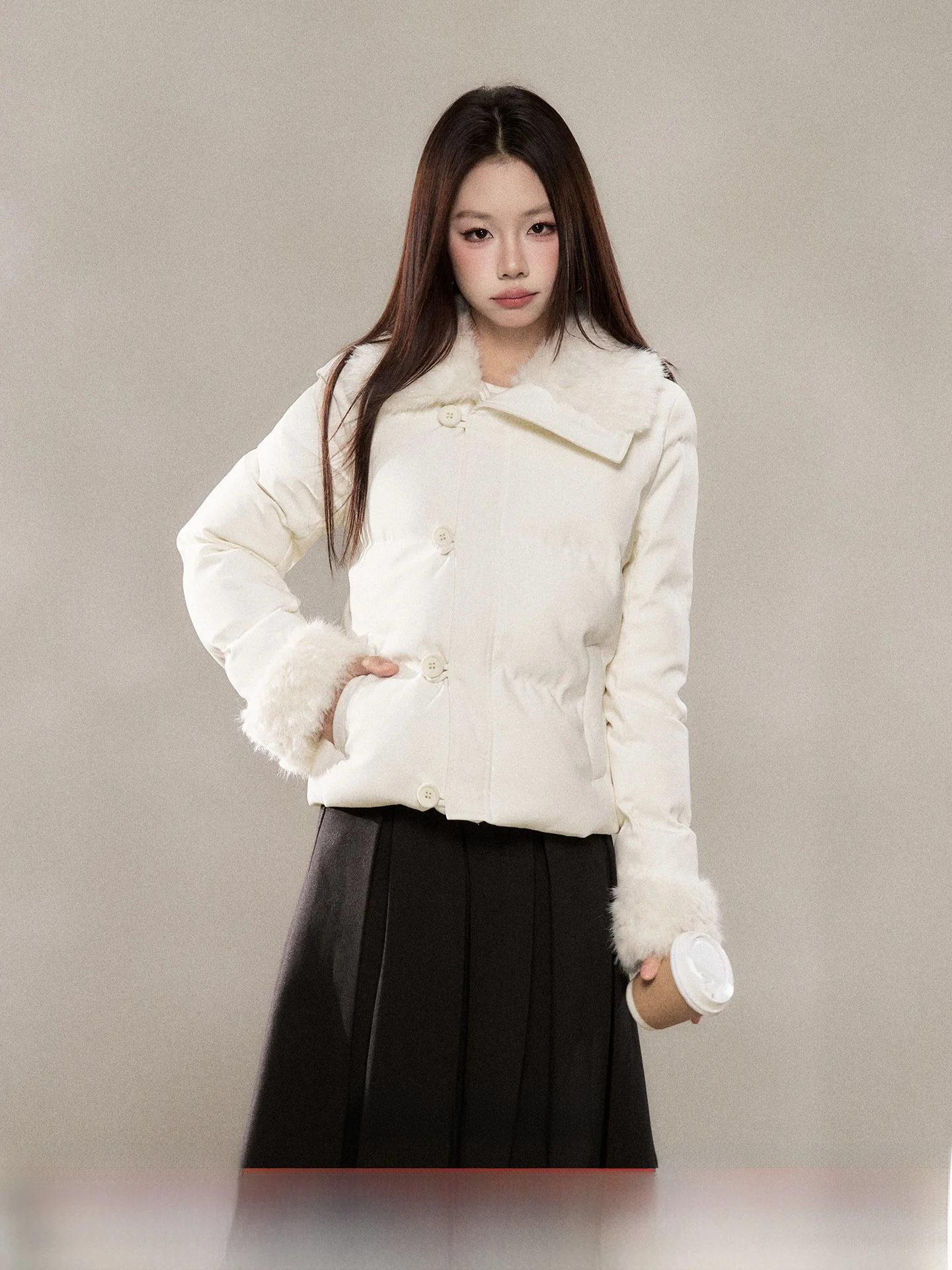 

White Fur Collar Cotton Jaet Women's Warmth Outerwear Coat Korean Sle Straight Tube Long Sve Zipper Pure Color Winter ...