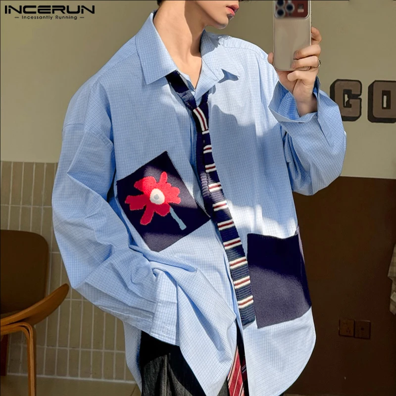 INCERUN Männer Hemd Plaid Patchwork Revers Lange Hülse Lose Beiläufige Männer Kleidung Streetwear Koreanischen Stil 2025, Mode Männlichen Shirts