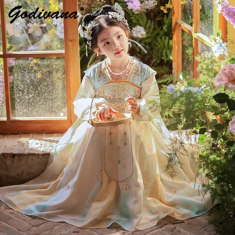 

Sweet Girls Chinese Hanfu Dress 2026 New Spring Childrens Traditional Embroidery Long Sleeve Ancient Costume Performance Hanfu