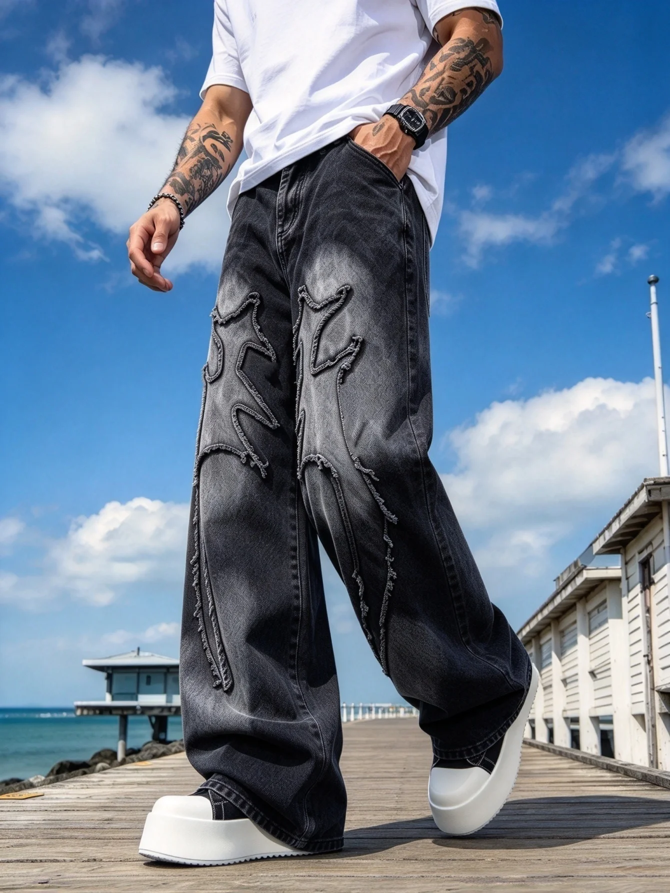 Nostalgic Y2K Black Loose Fit Jeans for Men Fashion Street Style Denim Trousers Wonderful Gift for Your Lover