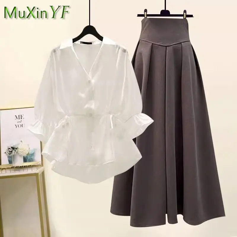 2024 Summer New Korean Elegant V-neck Sunscreen Shirt Top +High Waist Midi Skirt Two Piece Suit Women Fashion Dress Matching Set