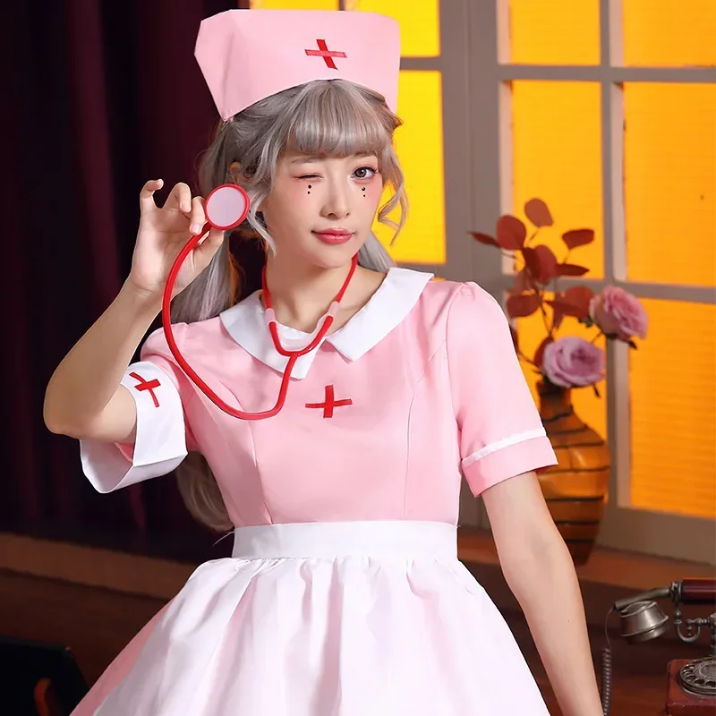 Pink Cute Nurse Lolita Maid Dress Costume Cosplay Suit For Girls Woman Waitress Maid Party Stage Fancy Dress