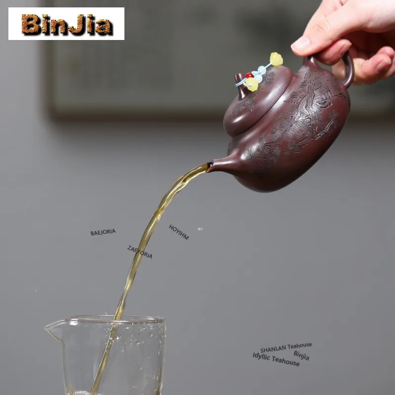 200ml Exquisite Yixing Purple Clay Teapots Handmade Green Pines Eggplant Section Pot Raw Ore Stone Red Mud Kettle Zisha Tea Set