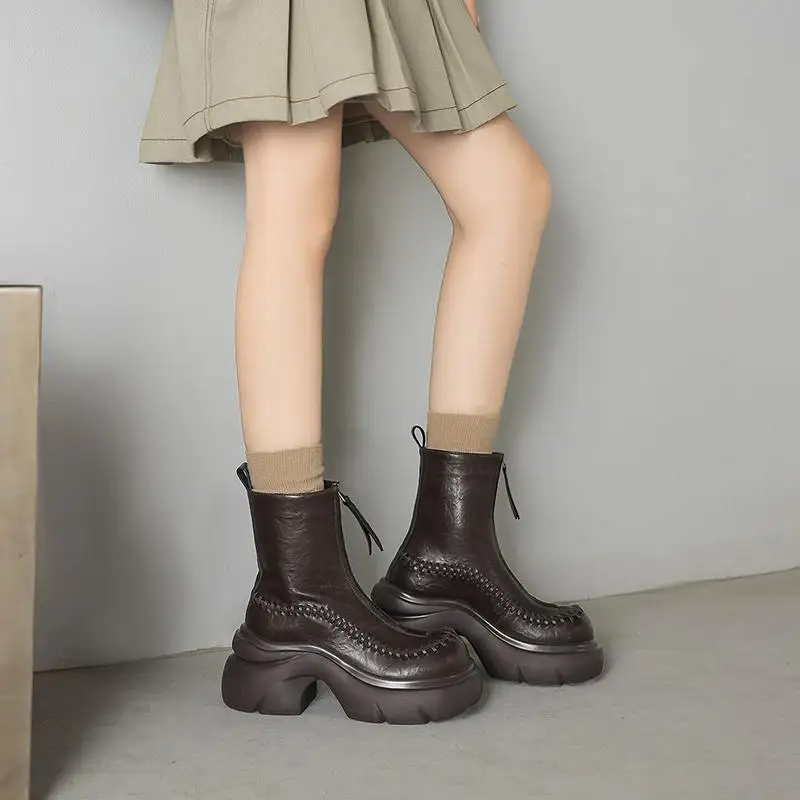 Cow Split Skin Thick Bottom Motorcycle Boots Keep Warm Winter Autumn Front Zipper Flat Platform Leisure Cozy Women Ankle Boots