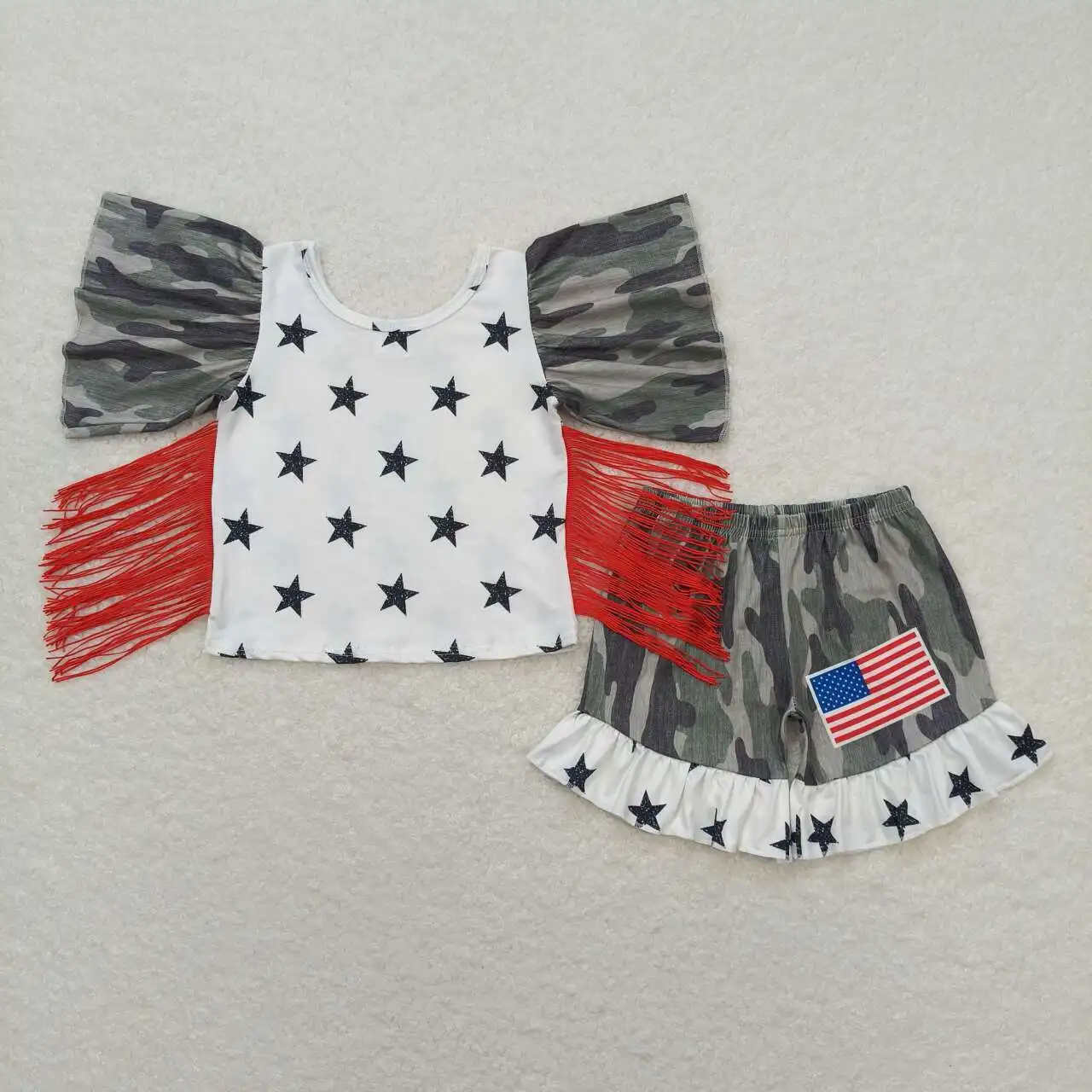 

GSSO0918 Independence Day Children Clothes Short Sleeve Top With Shorts Set Kids Girls Summer Boutique Outfits