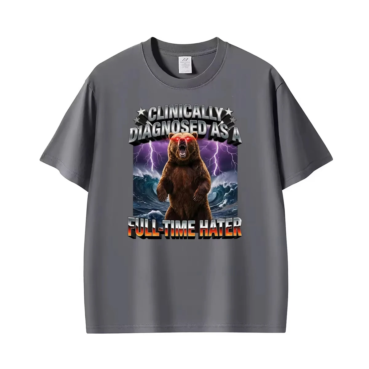 Clinically Diagnosed As A Full Time Hater Bear Funny T Shirt Men's Vintage Trend Tee Shirt Unisex 100% Cotton Oversized T-shirts