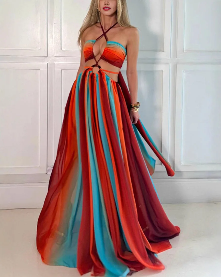 Elegant Halter Sleeveless Pleated Bohemian Dress Women Sexy Split High Waist Long Dress Fashion Pattern Printed Party Dress