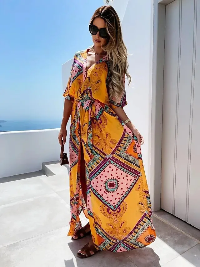 Abiti lunghi stampati estivi moda donna Sexy scollo a v Casual Beach Vacation Style vita alta Leace-up abito a fessura abiti femminili