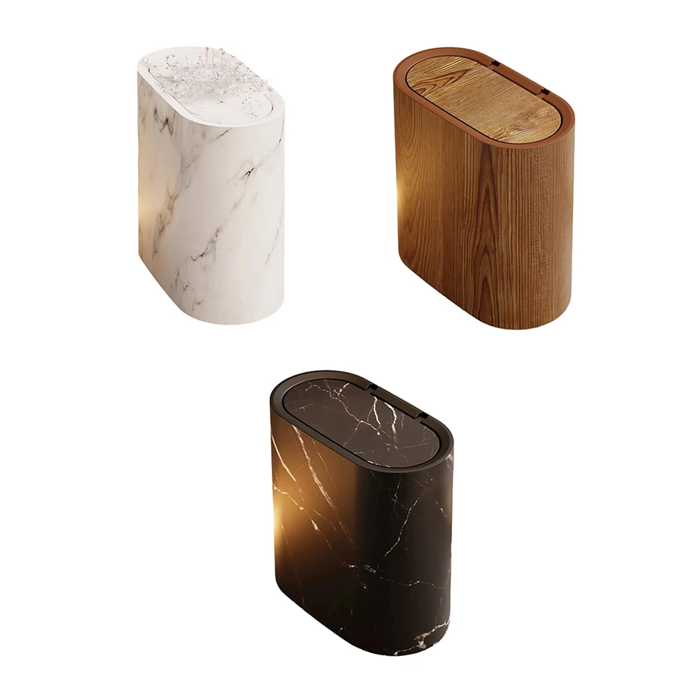 1Pcs Plastic Narrow Shape Waste Bin With Lid Marble And Wood Pattern Household Trash Can Bathroom Accessories Narrow Garbage Can