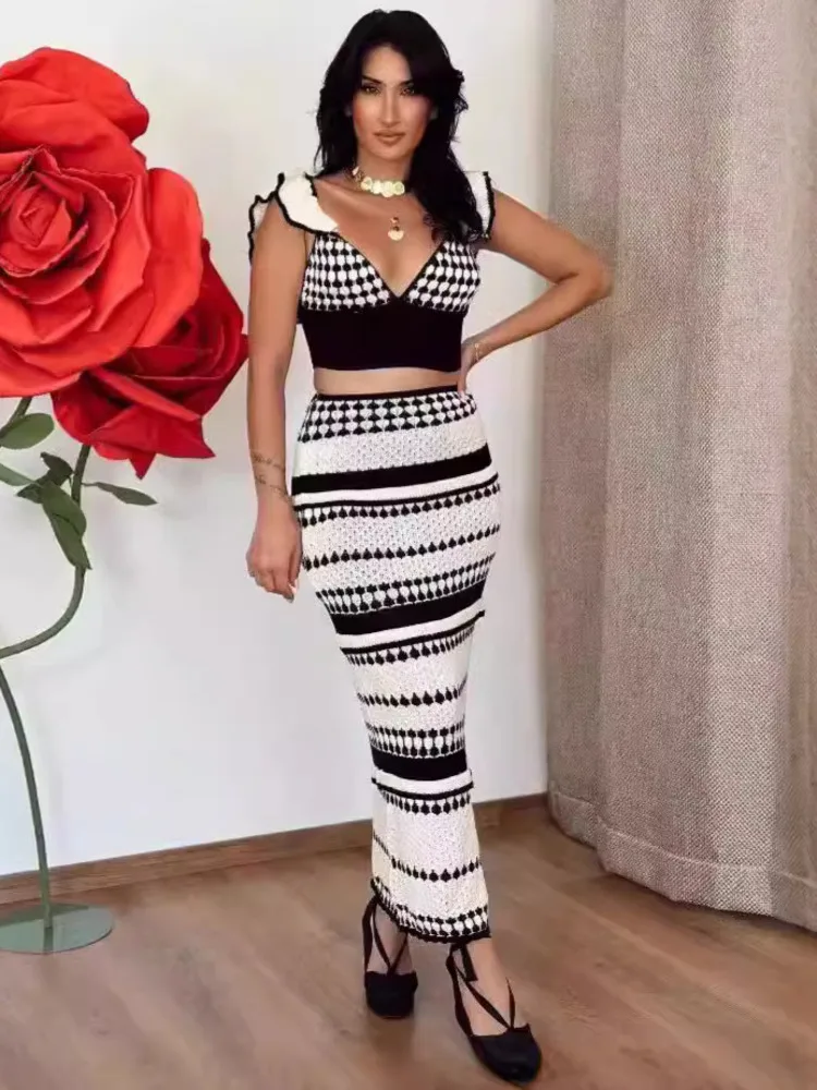 Mozision Striped Knit Two Piece Sets Women V Neck Sleeveless Crop Tops And Maxi Skirt Matching Sets Ladies Knit Skirt Sets