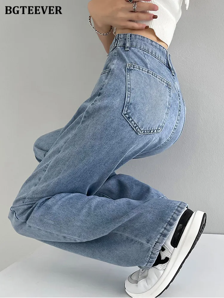 Bgteever casual senhoras calças jeans longas verão fino mulheres jeans cintura alta bolsos soltos feminino perna larga calças jeans