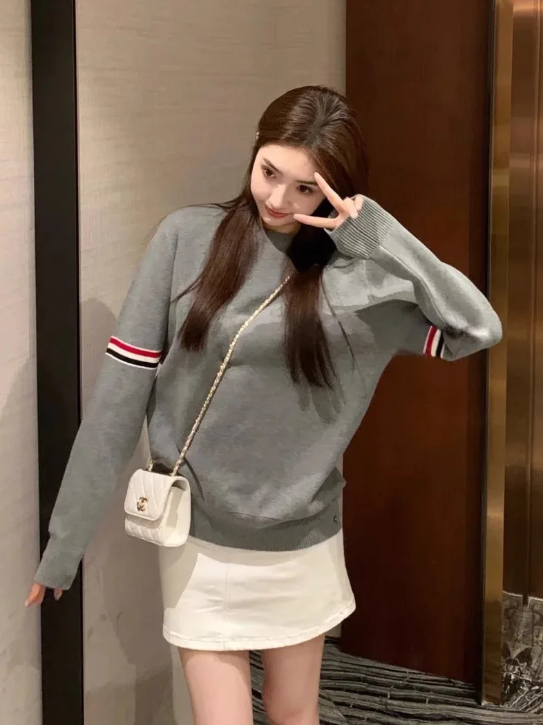 

Женский трикотажный пуловер с круглым вырезом и цветными полосками, повседневный, удобный, хлопковый, с длинными рукавами