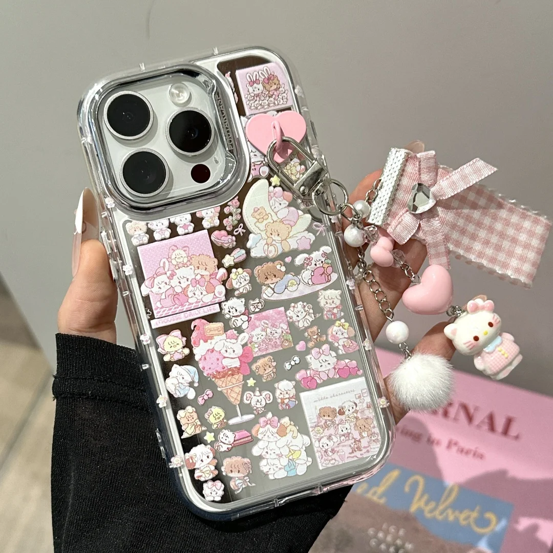 

Lovely White Cat Brown Bear Family Makeup Mirror Case For iPhone 14 Pro Max 16 15 13 Silicone Bumper Cute Back Cover Capa﻿﻿