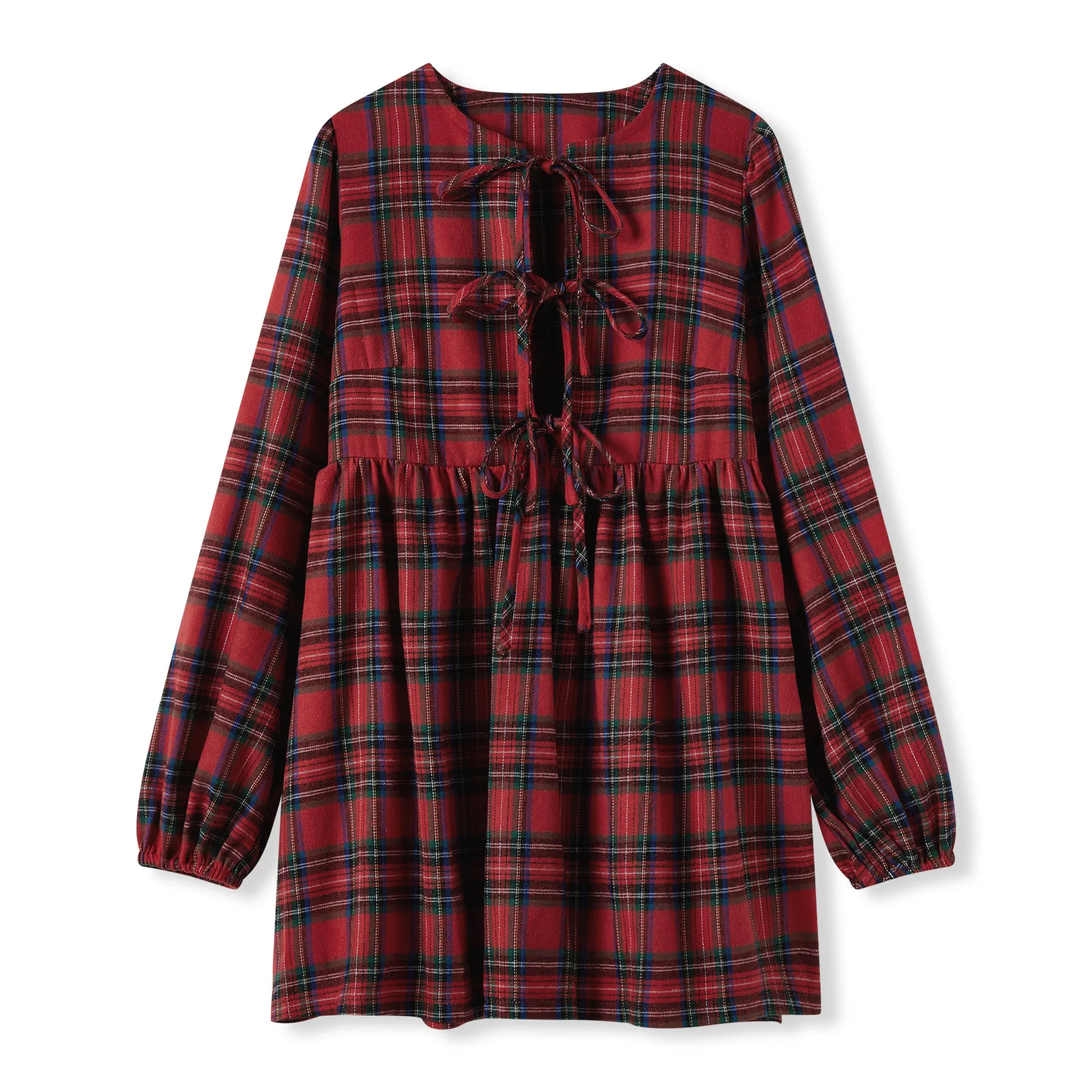 レディースレッドチェック柄蝶ネクタイクリスマスドレスフリルカジュアルベビードールミニドレス長袖パーティーフォトシュートシフトドレス