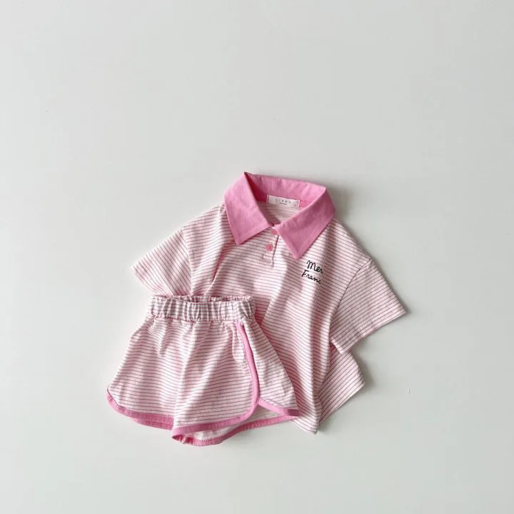 Set baju Polo bayi perempuan, kaus kerah lengan pendek bergaris 2 potong musim panas 2025