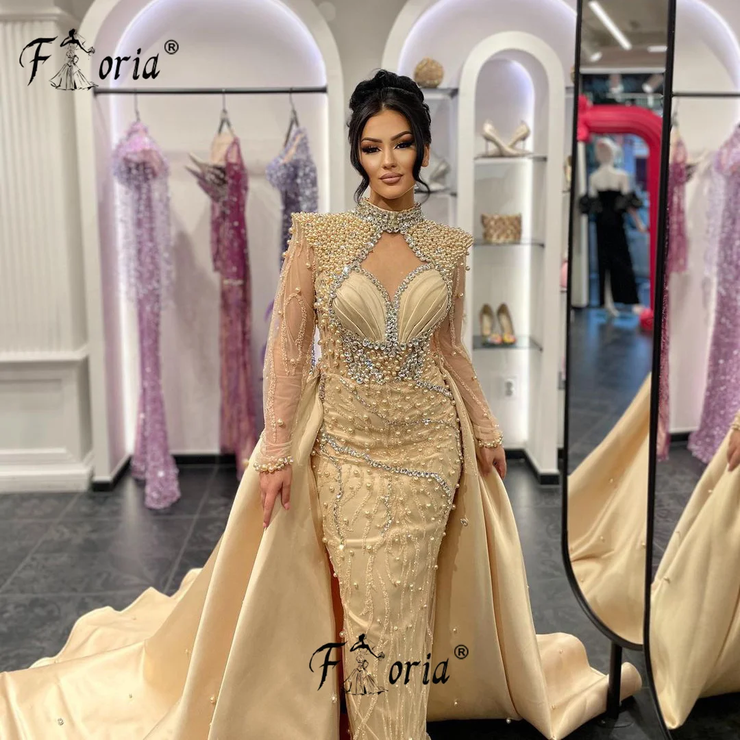 Dubai Women Gold Pearls Beaded Evening Dress with Overskit Cusotmized Crystal Luxury Mermaid Wedding Engagement Gowns Formal