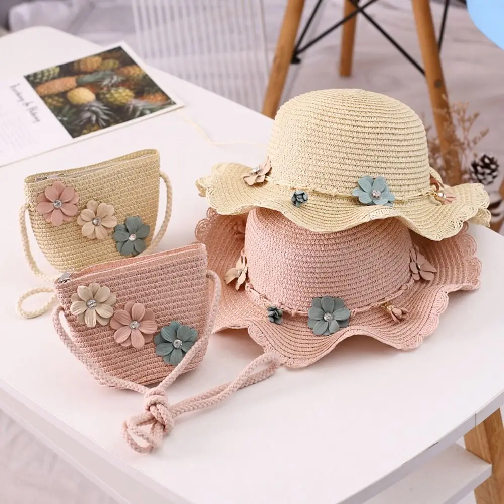 Fashion Flower Girl Gift Shoulder Bag Summer Rhinestone Sun Visor Hat Kids Handbag Korean Style Girl Cap Children Straw Hat