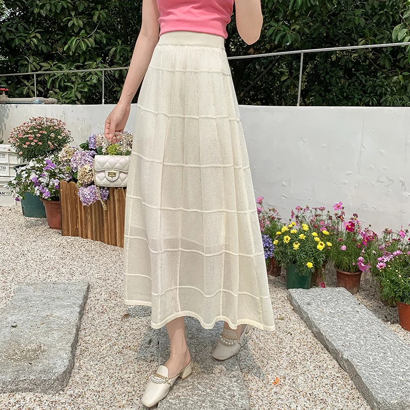 

2023 New Arrival Summer Women Casual Loose A-line Mid-calf Lace Skirt Korean Style Good Quality High Waist Skirts V387