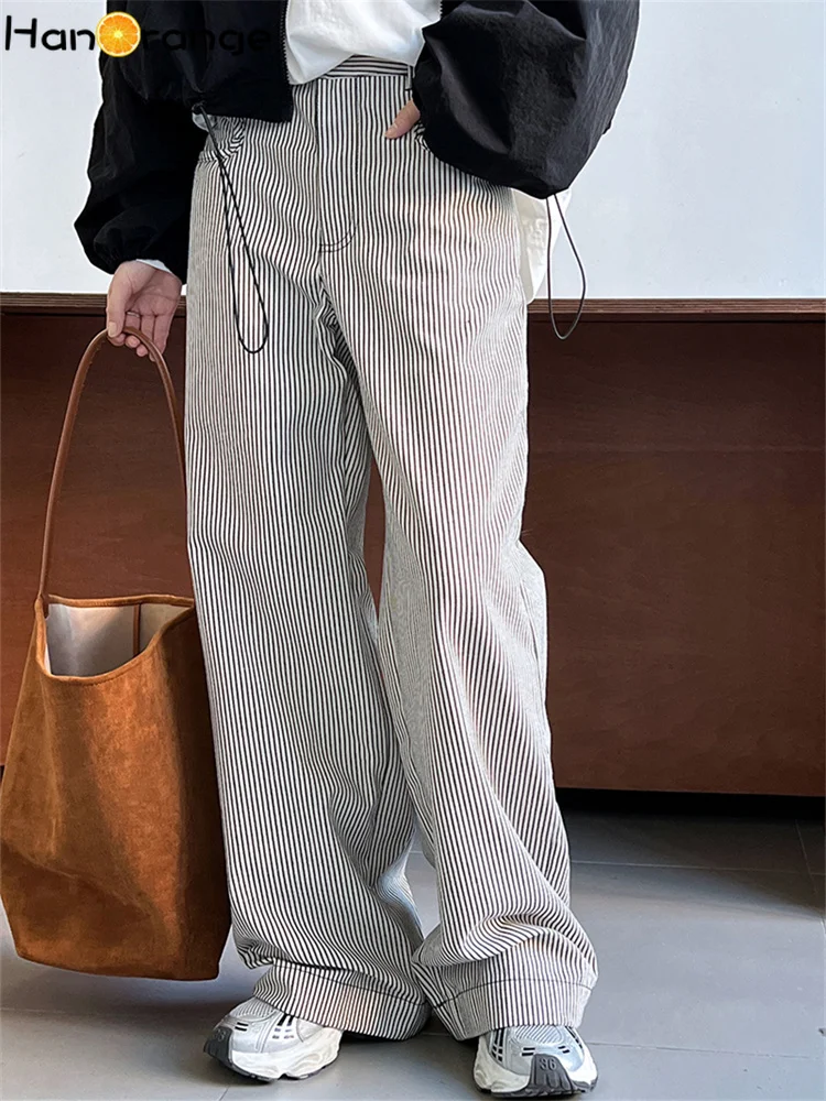 

HanOrange 2025 Black White Vertical Striped Wide Leg Pants Women Autumn High Waist Loose Yuppie Cotton Trousers