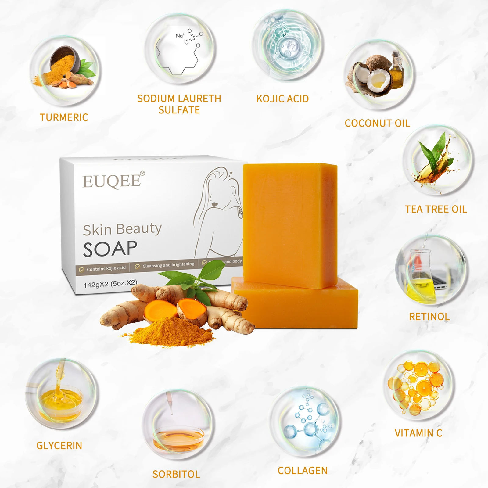 EUQEE 2PCS Kojic Acid Turmeric Handmade Soap with Vitamin C, Retinol, Collagen Coconut oil To Cleaning Skin Dark Spot Remover