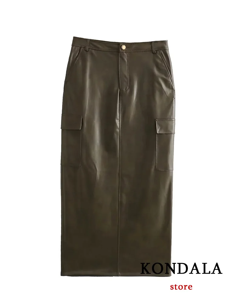 

KONDALA Casual Vintage Chic Women Skirt Solid Zipper Pockets Front Split Long Skirt Fashion New 2023 Autumn Winter Holiday Skirt