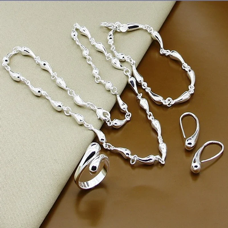 

CHUANGCHENG 25 Sterling Silver Simple Beads Link Chain Necklace Bracelets Rings Earrings for Women Fashion Jewelry Set