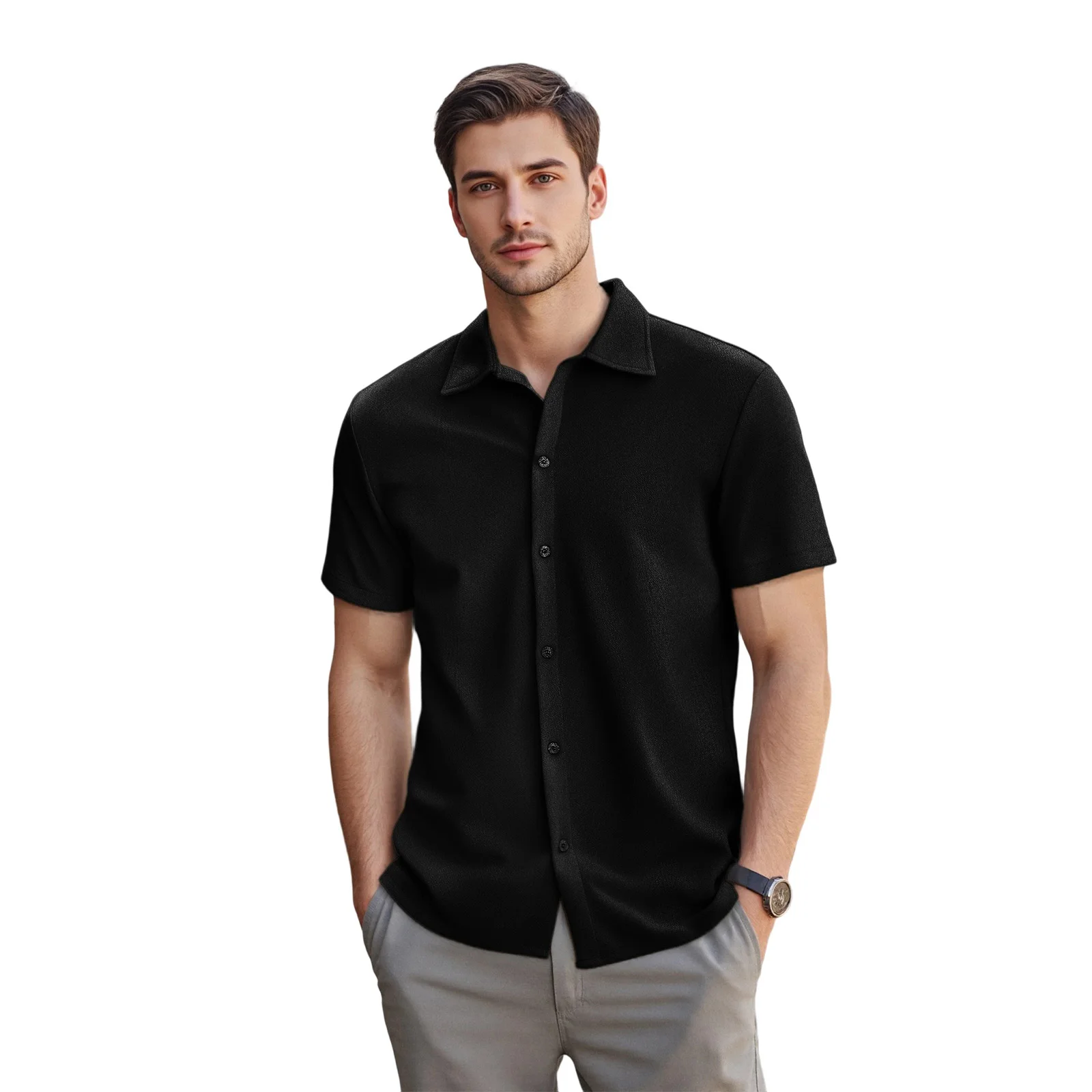 

Men Casual Summer Shirts Solid Color Collared Short Sleeve Button-up Tops for Daily Outdoor Office