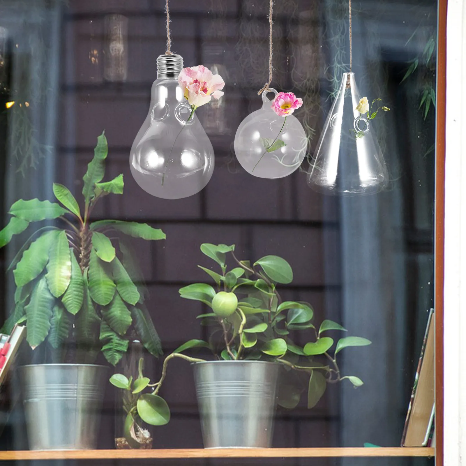 3Pcs Glass Flower Vases Transparent Hanging Planters Decorative Micro Landscape Holders Indoor Outdoor Home Decor
