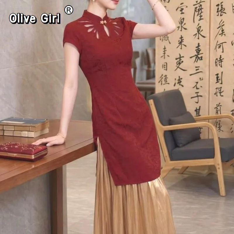 

Olivegirl Qipao Dress Chinese Red Fake Two Pieces Improved Cheongsam Dress Women'sclothing Stand-up Collar Buckle Dress