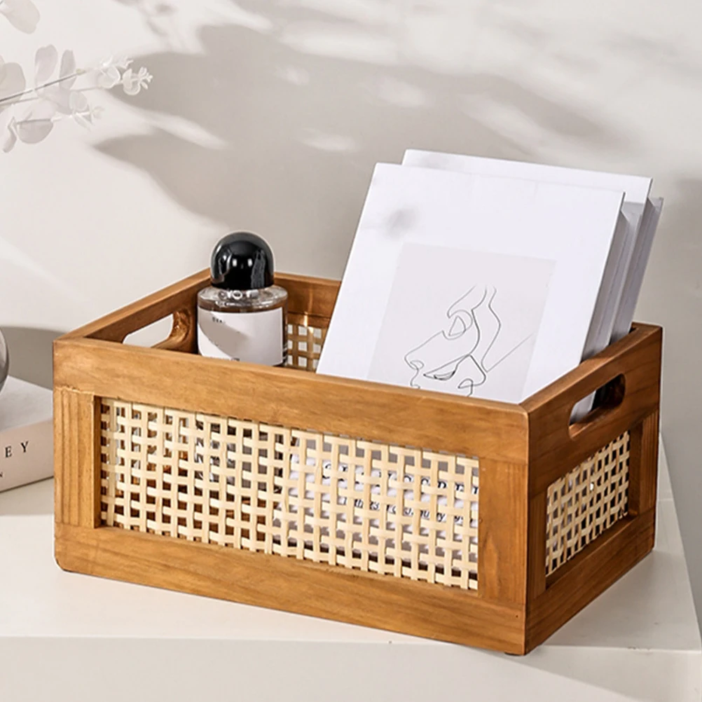 

Solid Wood Storage Box 30x20x14cm Retro Woven Baskets Large Capacity Home Decor Bedroom Bathroom Toy Book Desktop Storage