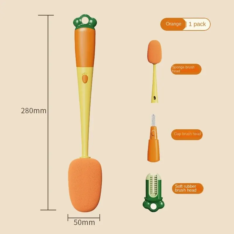 3-in-1 Multi-functional Cup Brush Carrot Shape Cleaning Brush, Sponge Brush Long Handle Water Bottle Cleaning Brush Cup Cap Gap