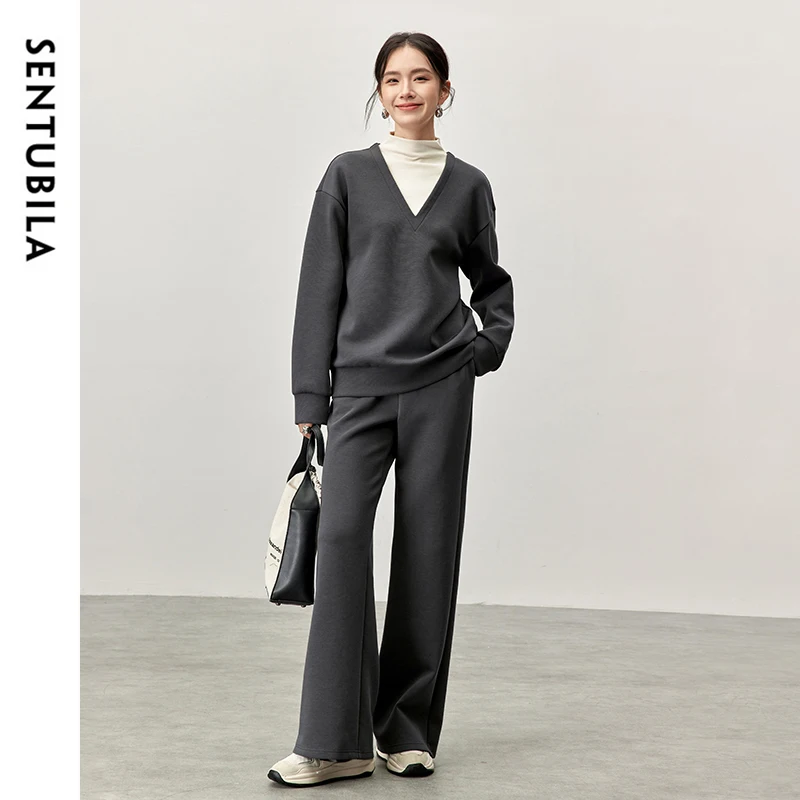 SENTUBILA Commute Cotton Pant Sets Women 2024 Winter Patchwork Spliced 2 in1 Sweatshirt Knitted Full-length Flare Pant 144Z57108