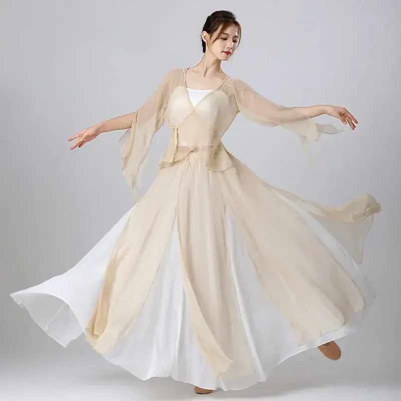 

Cardigan White Transparent Classical Dance Blouse Long Water Sleeve Body Rhyme Clothes New Chinese Tradition Costume 2025 Hot