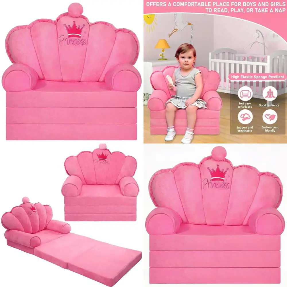유아용 핑크 프린세스 소파 침대, 1-5세용 2-in-1 접이식 라운지 의자, 벨벳 놀이방 가구 선물