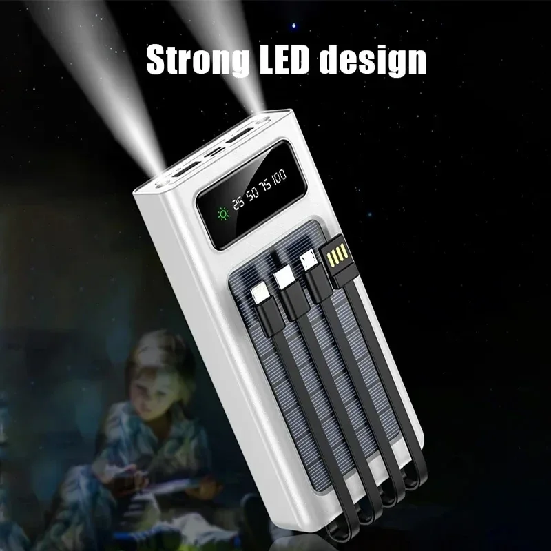 For IPhone Huawei 20000mAh Solar Power Bank Large Capacity Mobile Power Fast Charging Battery With Dual USB 4 Cables
