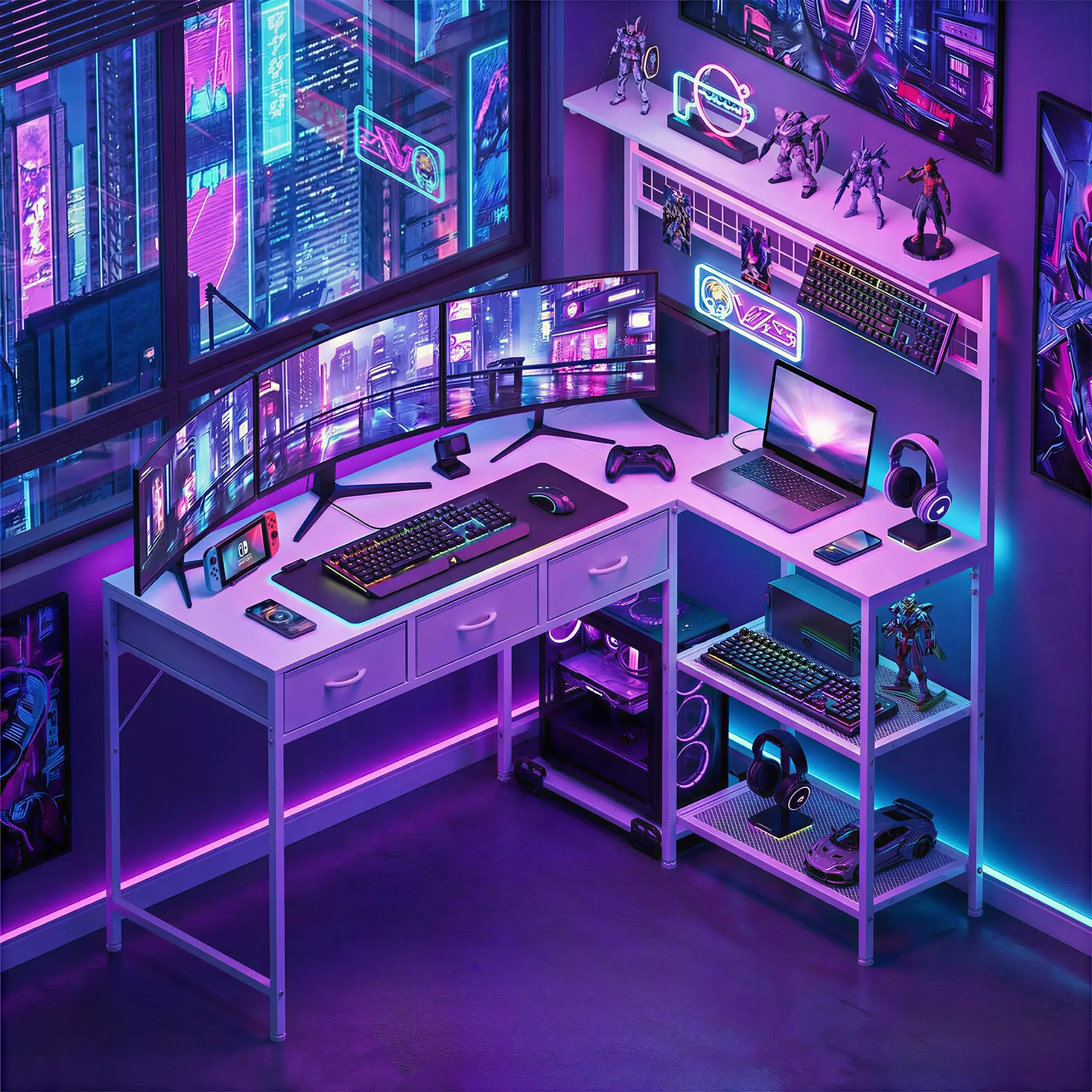 

L-Shaped Gaming Desk With 3 Drawers, LED Lighting, Power Outlet, For Triple Monitor Setup, White