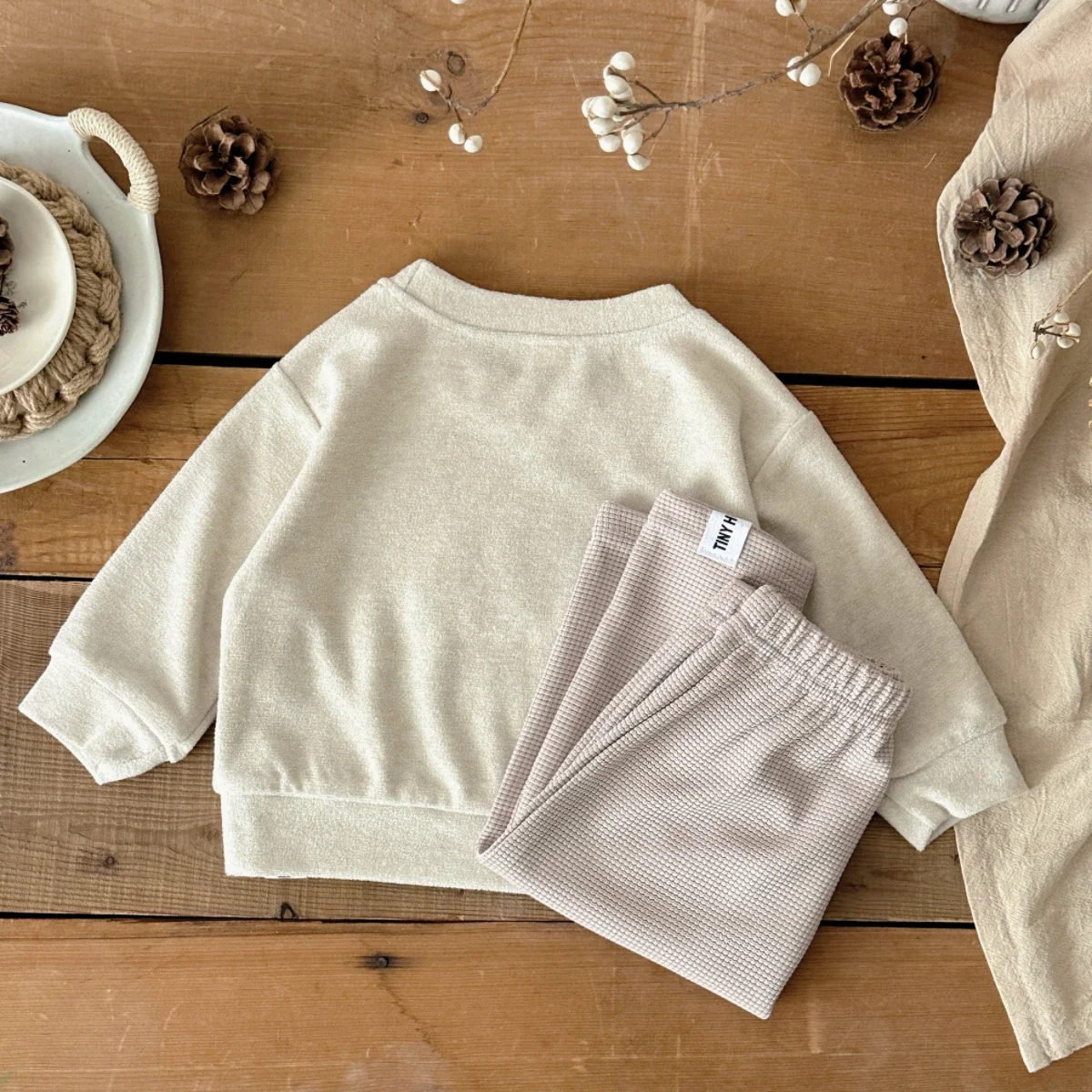 Newborn 2Pcs Clothes Set Unisex Baby Crew Neck Croissant Embroidery Top Solid Waffle Knit Pants