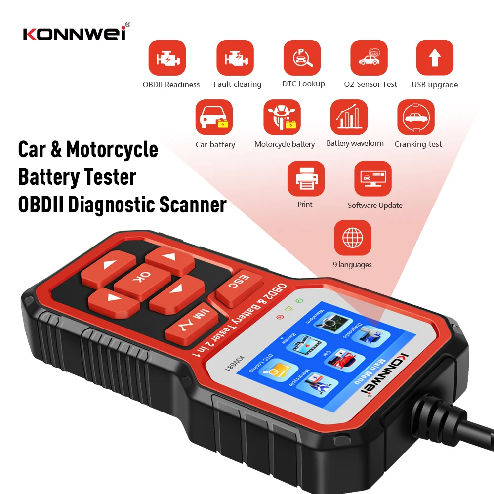 

KONNWEI KW681 Car Battery Tester 6V 12V Scanner Tool 2 in 1 OBD2 Scanner Full OBD 2 Functions Support 9 Languages KW208/KW650