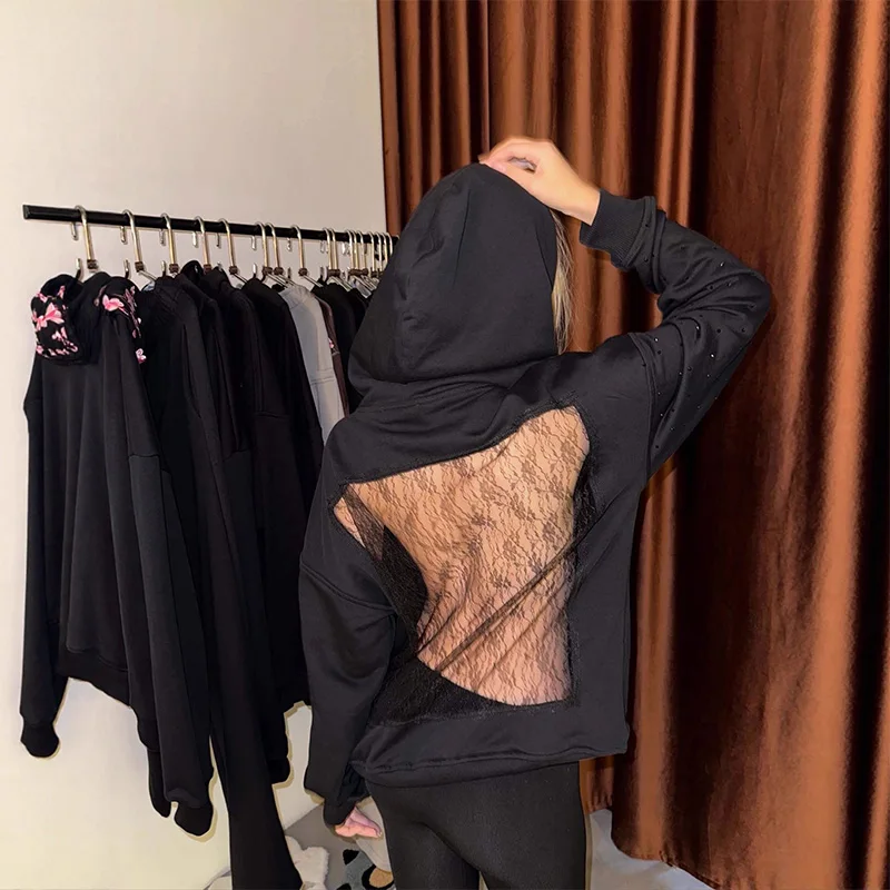 

Spring and summer sweet and cool style new hooded sweatshirt, loose mesh, floral embroidery, casual versatile, niche fashion top