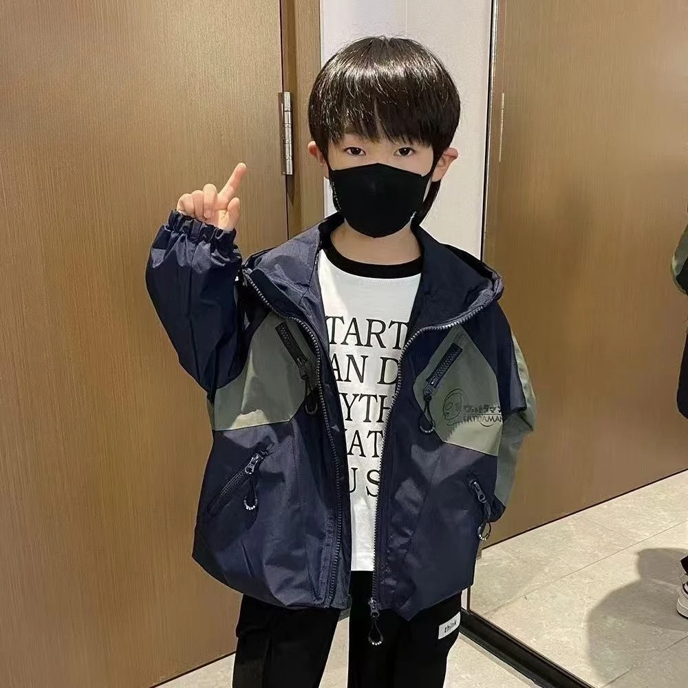 Boys Hooded Windbreaker 2026 Spring Autumn Colorblock Jacket Kids Casual Coat